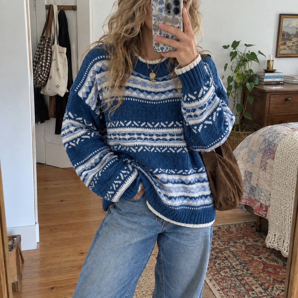 Vintage Christmas Sweater Women L Blue Vintage Fair Isle Academia Cottagecore